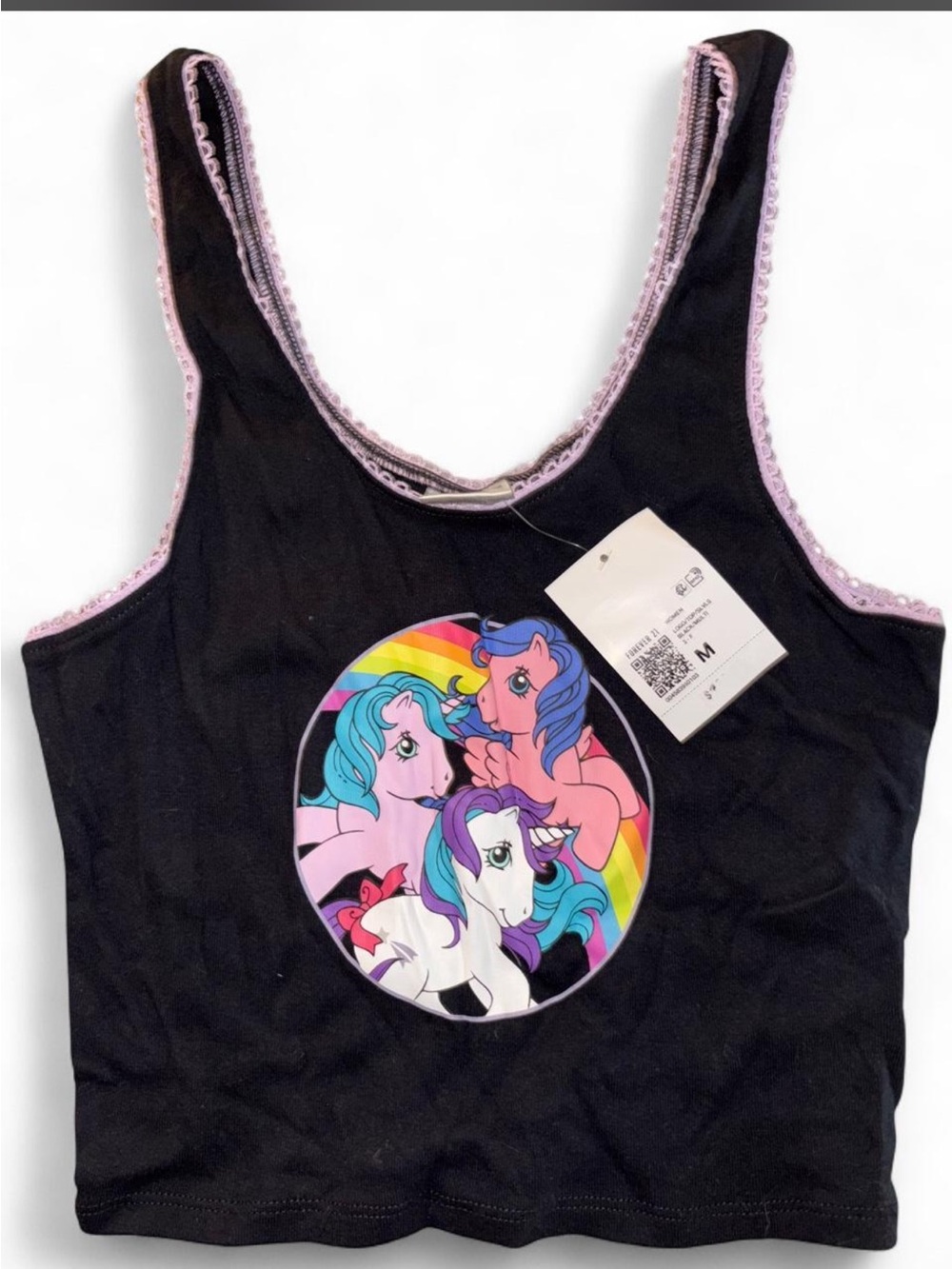Forever 21 Black Tank Top with Pastel Rainbow Pony Graphic and Pink Trim